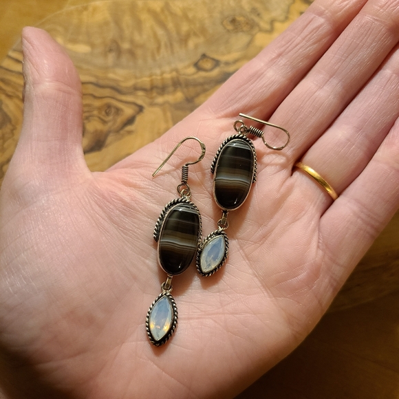 Gemstone silver earrings Botswana agate and opalite - Picture 4 of 7